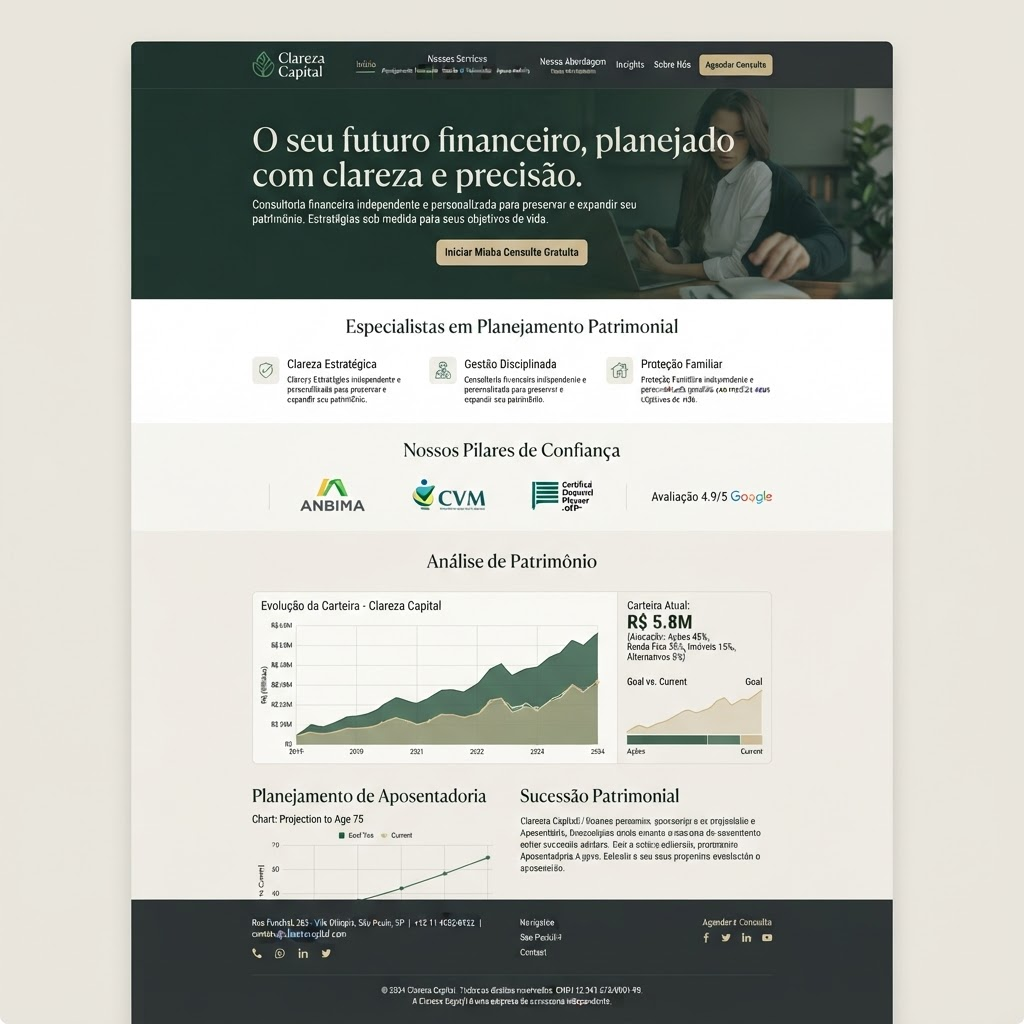 Website de consultoria financeira Clareza Capital com planejamento patrimonial