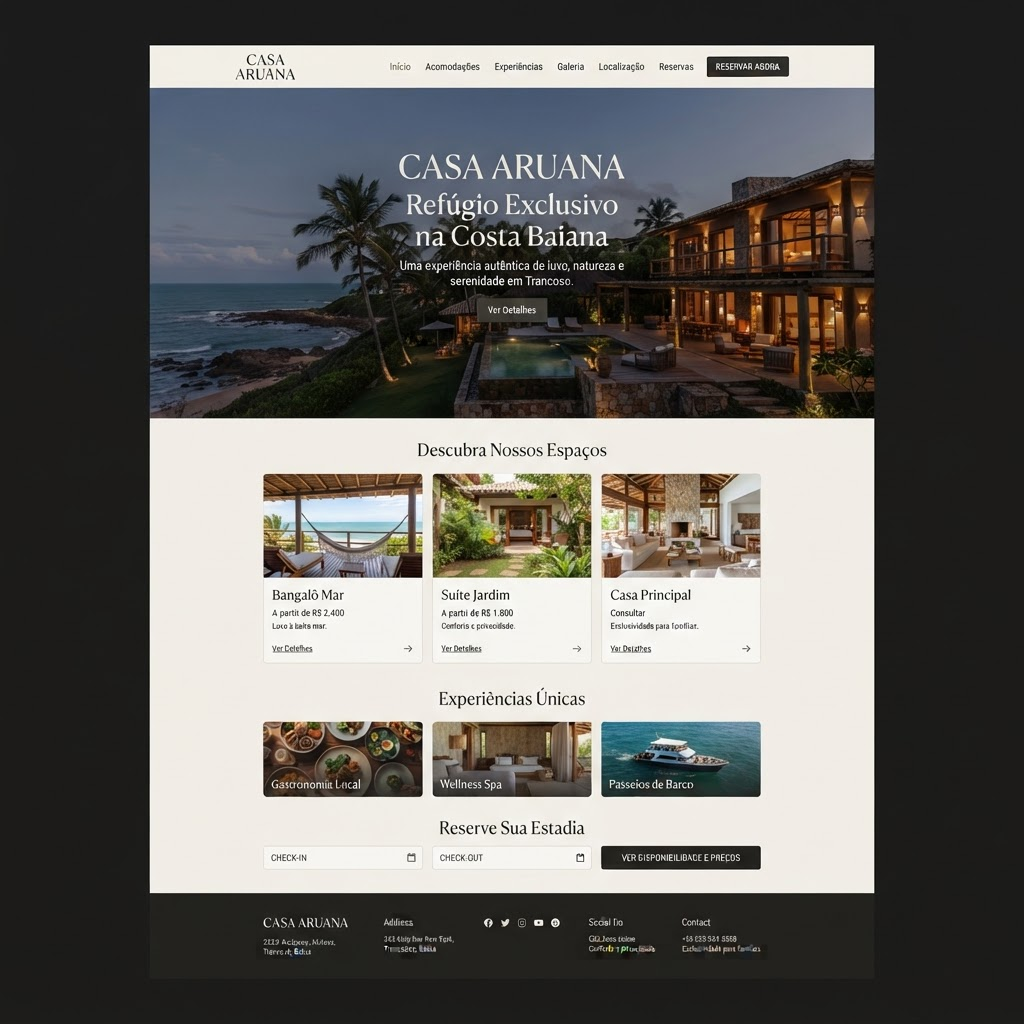Website do hotel boutique Casa Aruana com reservas e quartos