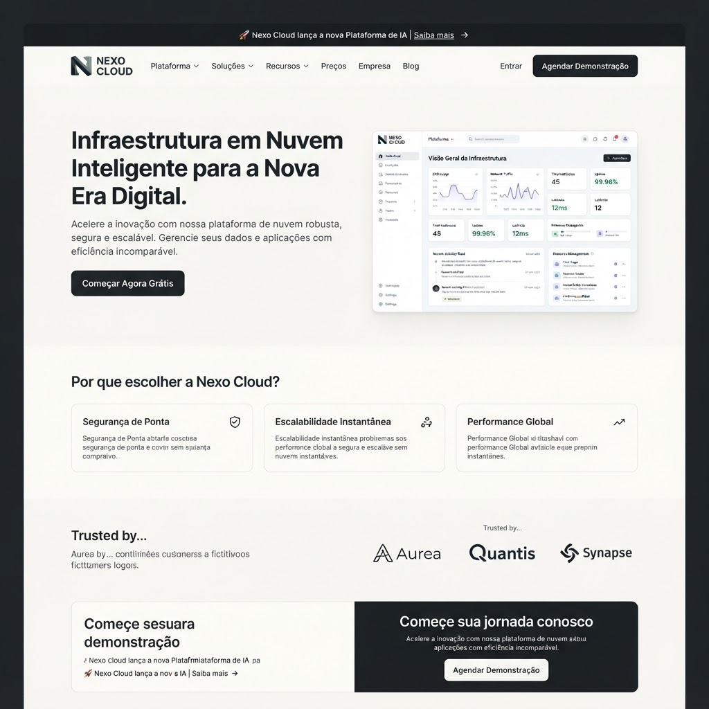 Website da empresa de tecnologia Nexo Cloud com produto SaaS